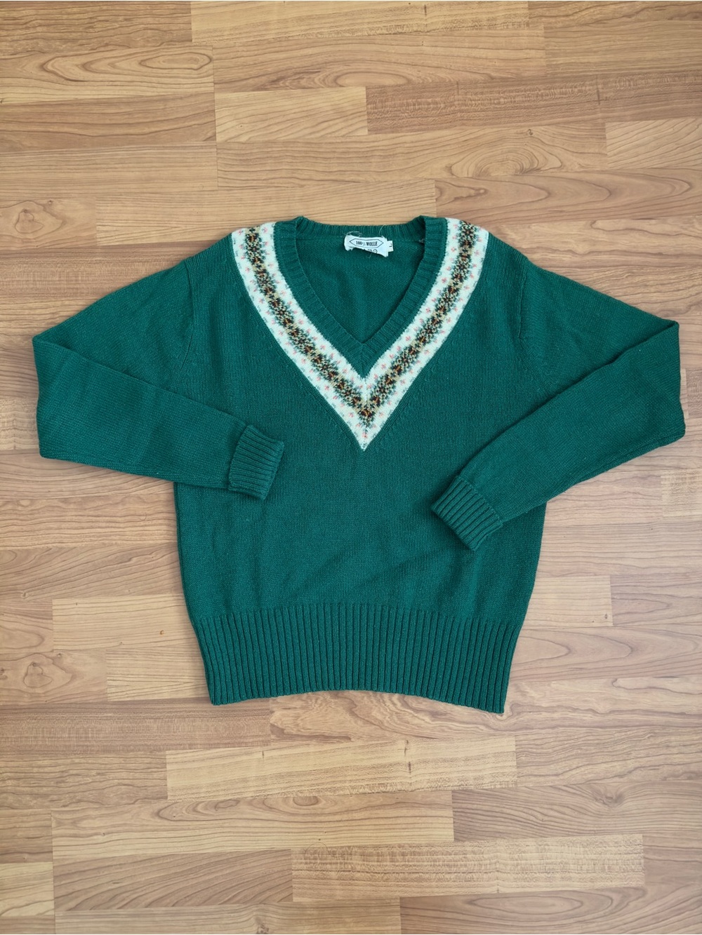Vintage V-Neck Green Sweater with Ivory Fair Isle Trim